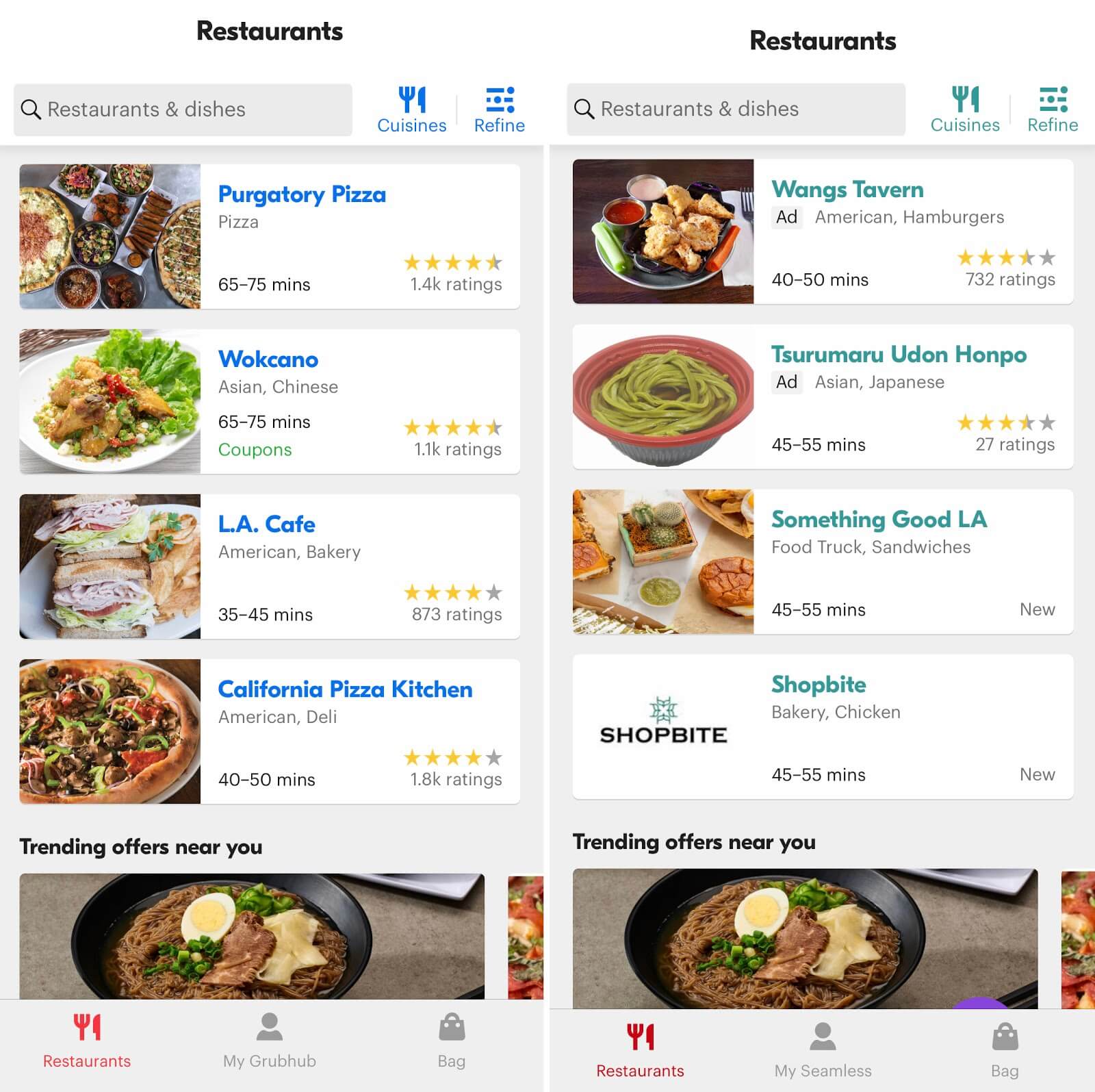 Seamless Grubhub: Comparison of the app interfaces