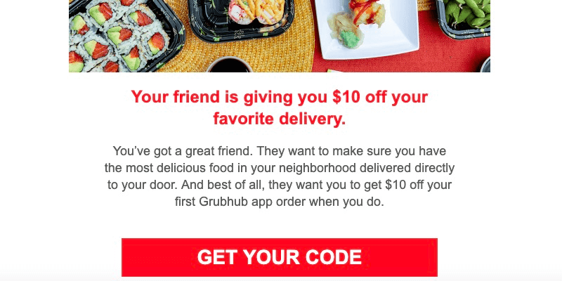 Grubhub deals email after friend referral