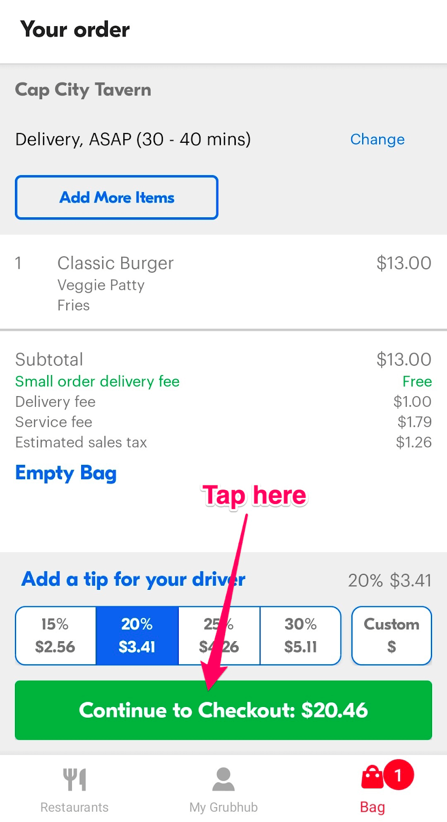 How to find Grubhub deals: Tap "continue to checkout"