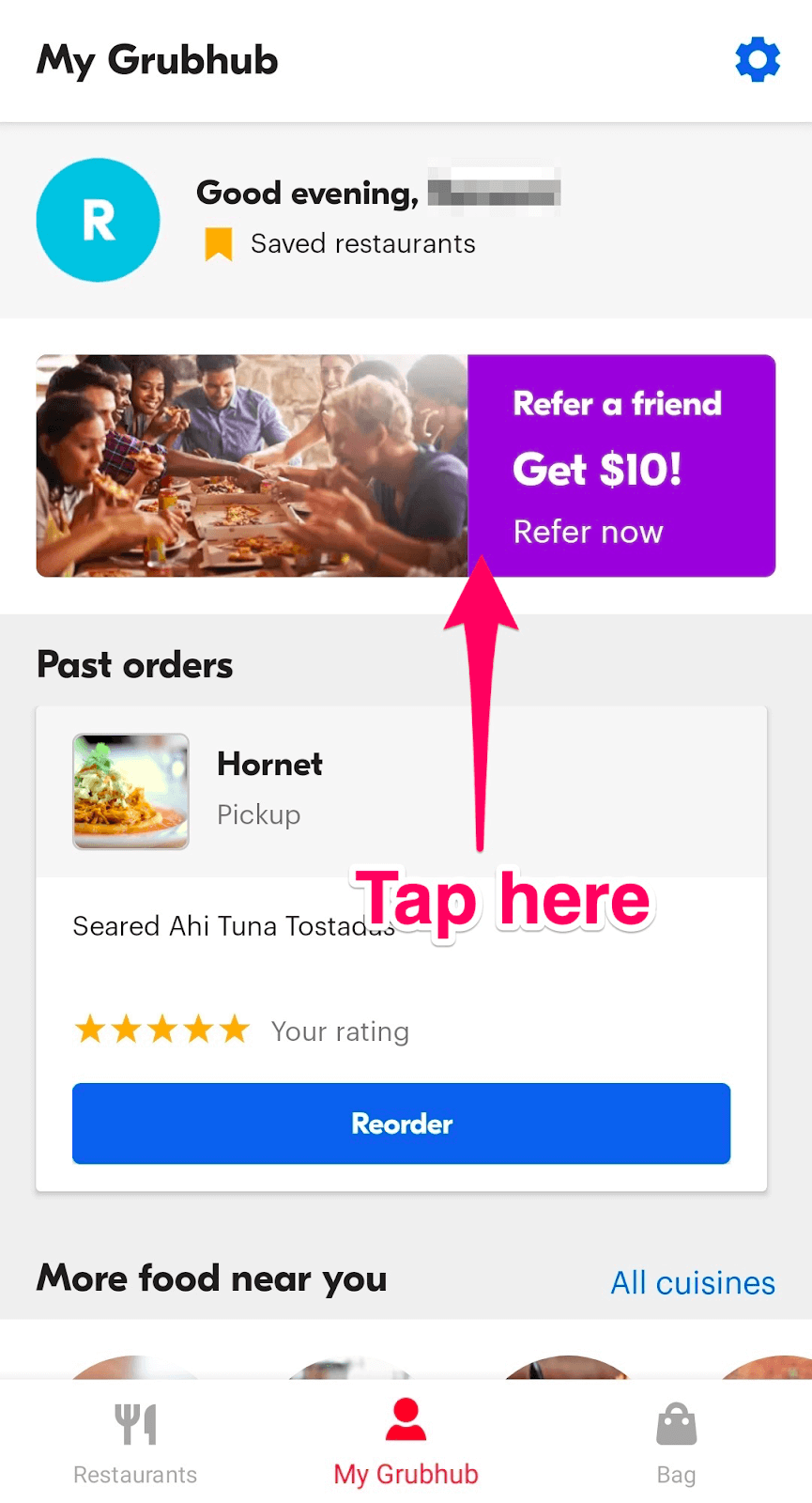 How to find Grubhub deals: Tap "Refer a friend"