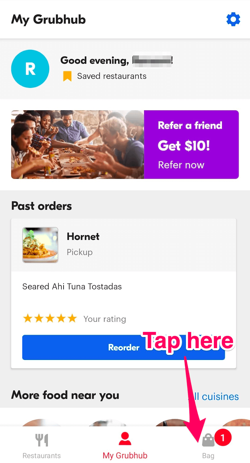 How to find Grubhub deals: Tap "bag"