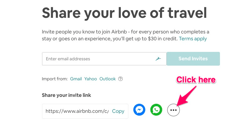 Airbnb Coupon Codes: Arrow pointing to circle with three dots on invite code page