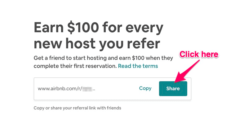 Airbnb Coupon Codes: Arrow pointing to "share" button