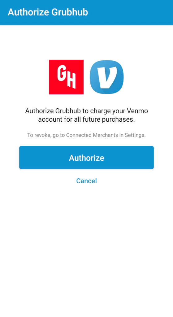 Authorize Grubhub on Venmo app