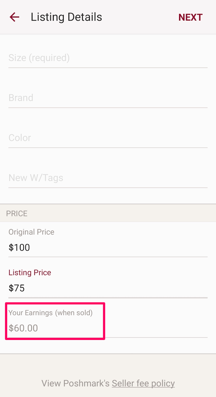Poshmark Review: Screenshot of listing details with box around earnings