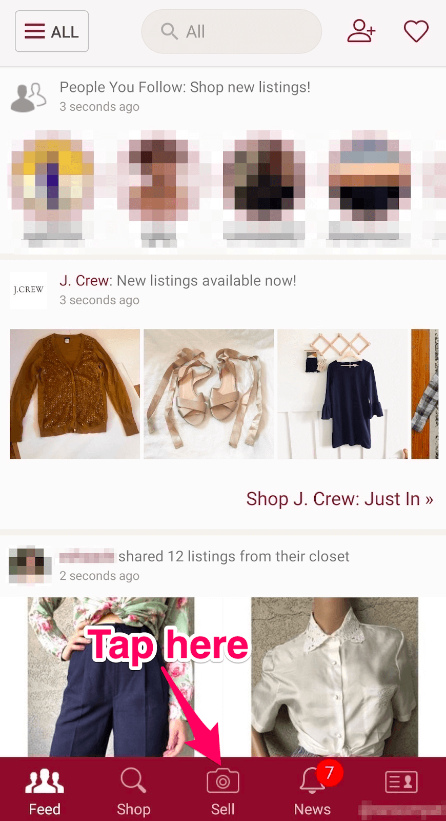 Poshmark Review: Screenshot of app with arrow pointing to "sell"