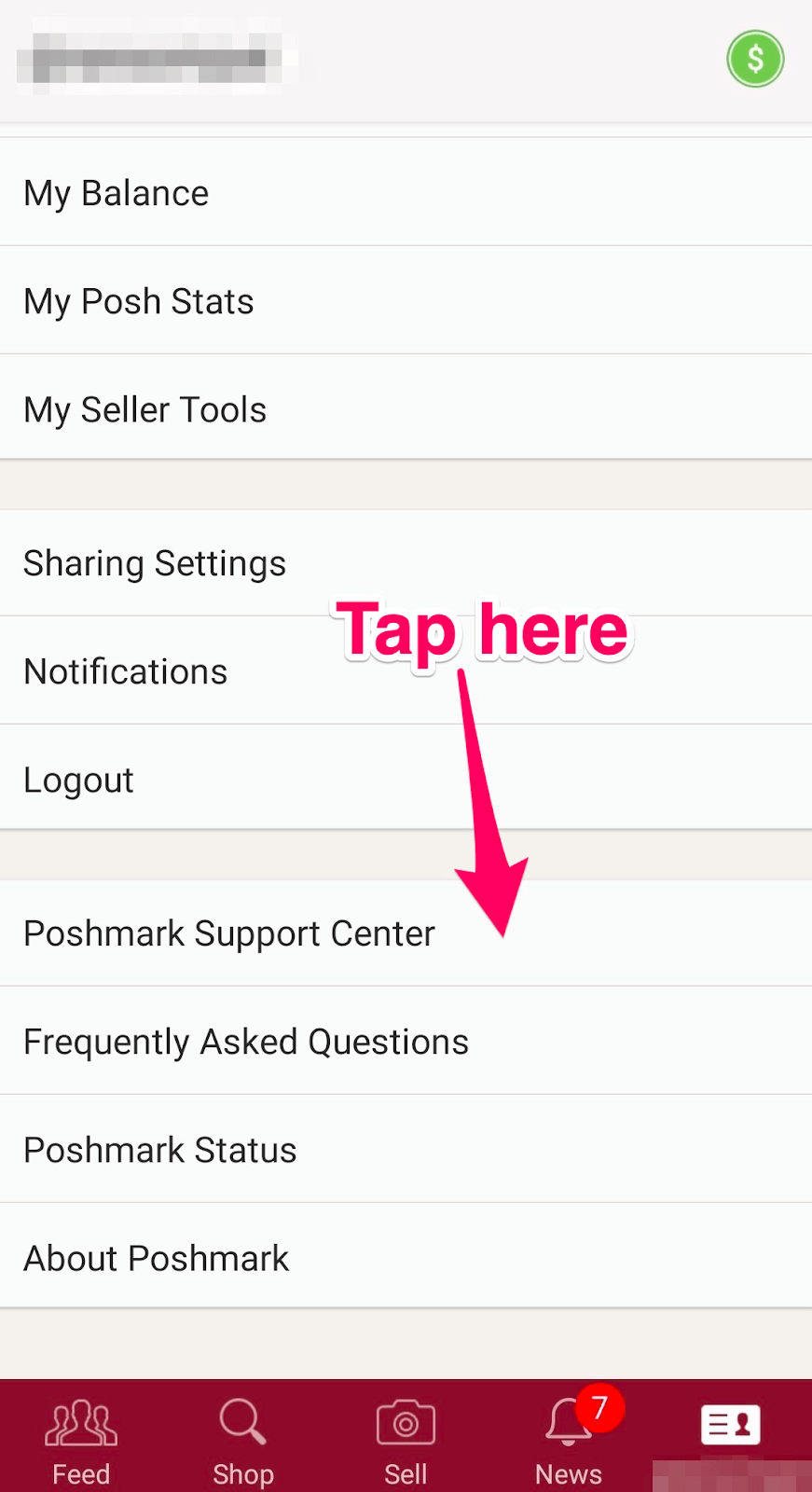 Poshmark Review: Screenshot of app with arrow pointing to support center