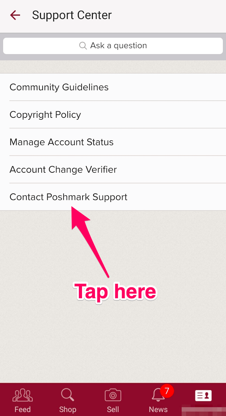 Poshmark Review: Screenshot of support center with arrow pointing to Contact Poshmark Support