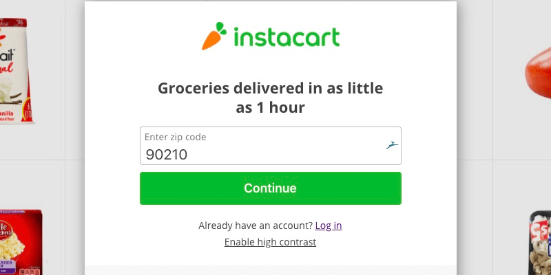 Instacart homepage with spot to enter location