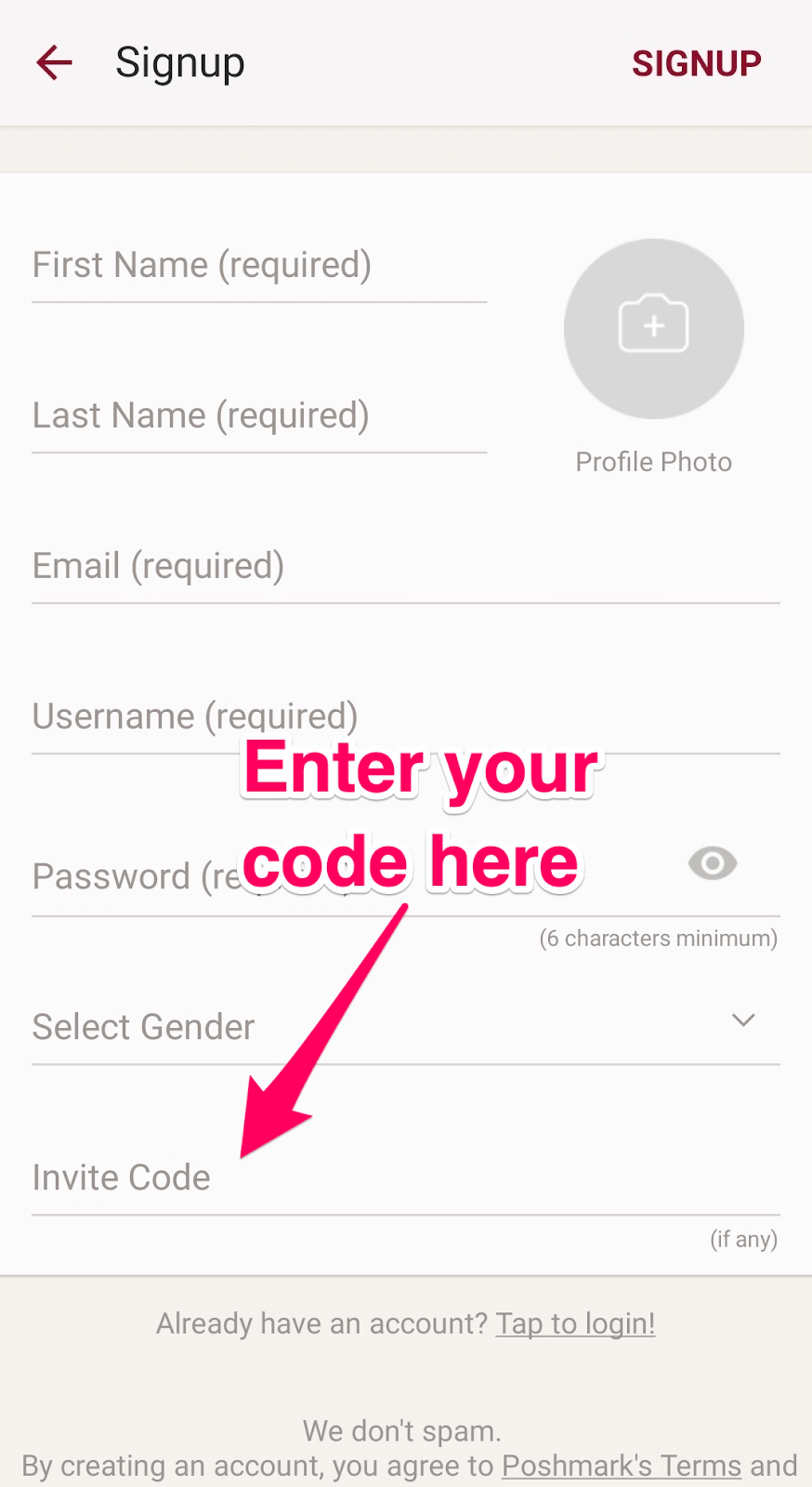 Poshmark invite code: Poshmark app signup form