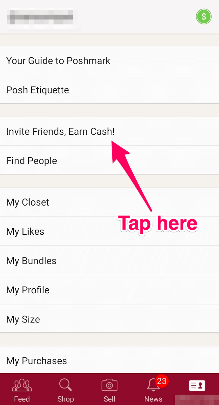 Poshmark invite code: Poshmark user profile screen with arrow