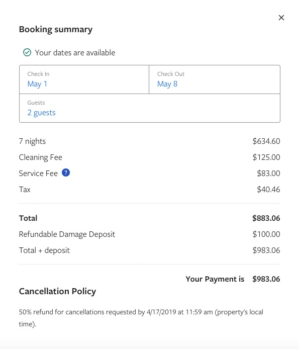 HomeAway VRBO: a booking summary on VRBO