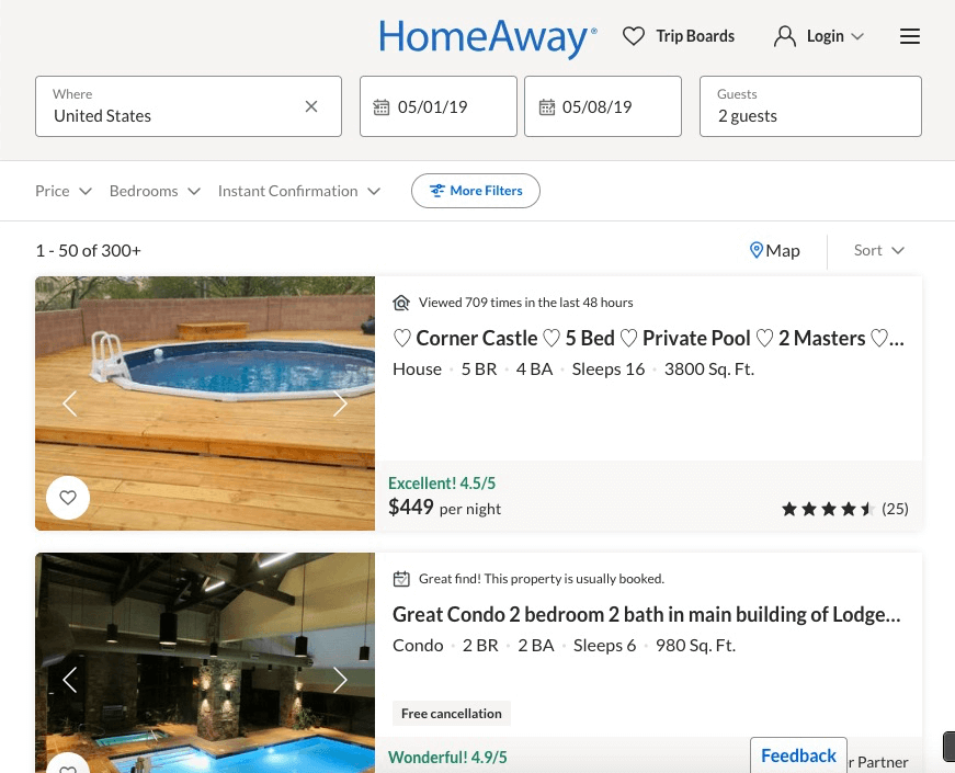 HomeAway VRBO: the first page of results for a vacation rental search on HomeAway