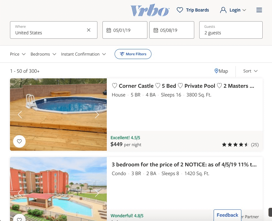 HomeAway VRBO: the first page of results for a vacation rentals search on VRBO