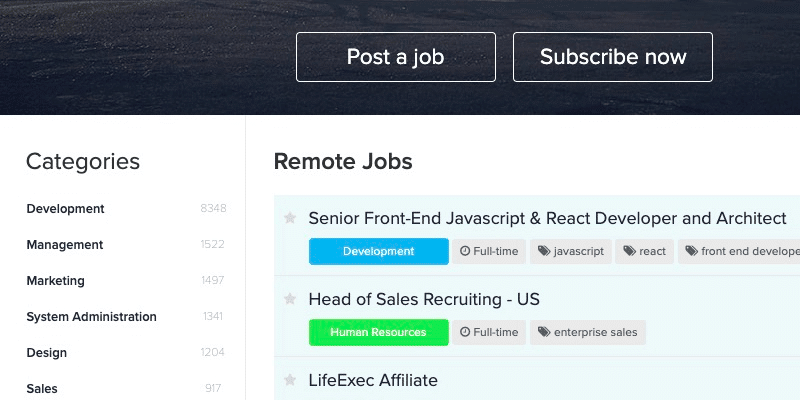 Telecommuting jobs on Working Nomads homepage