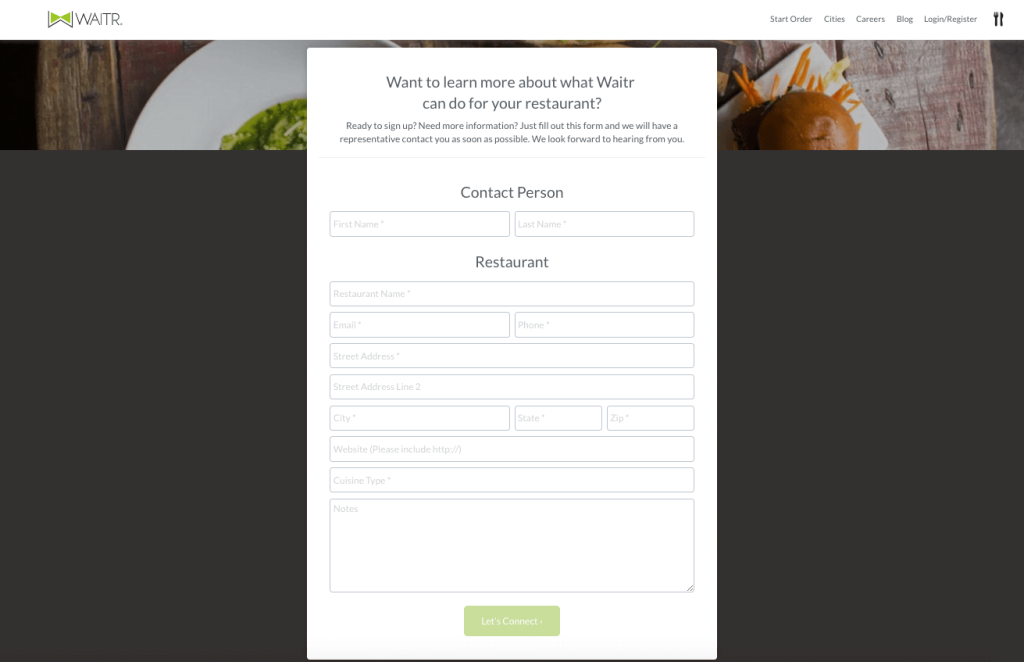 Waitr restaurant contact form.