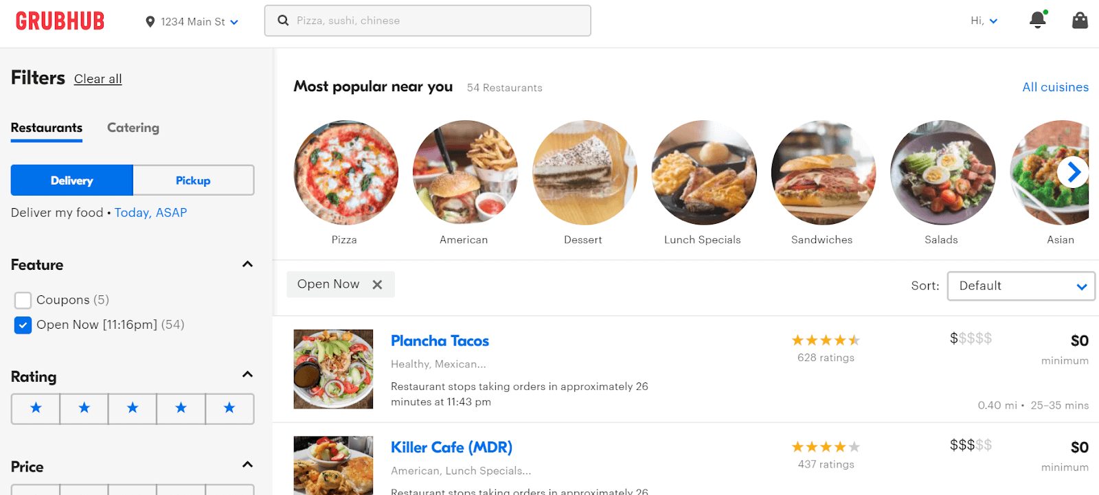 Grubhub homepage on Yelp