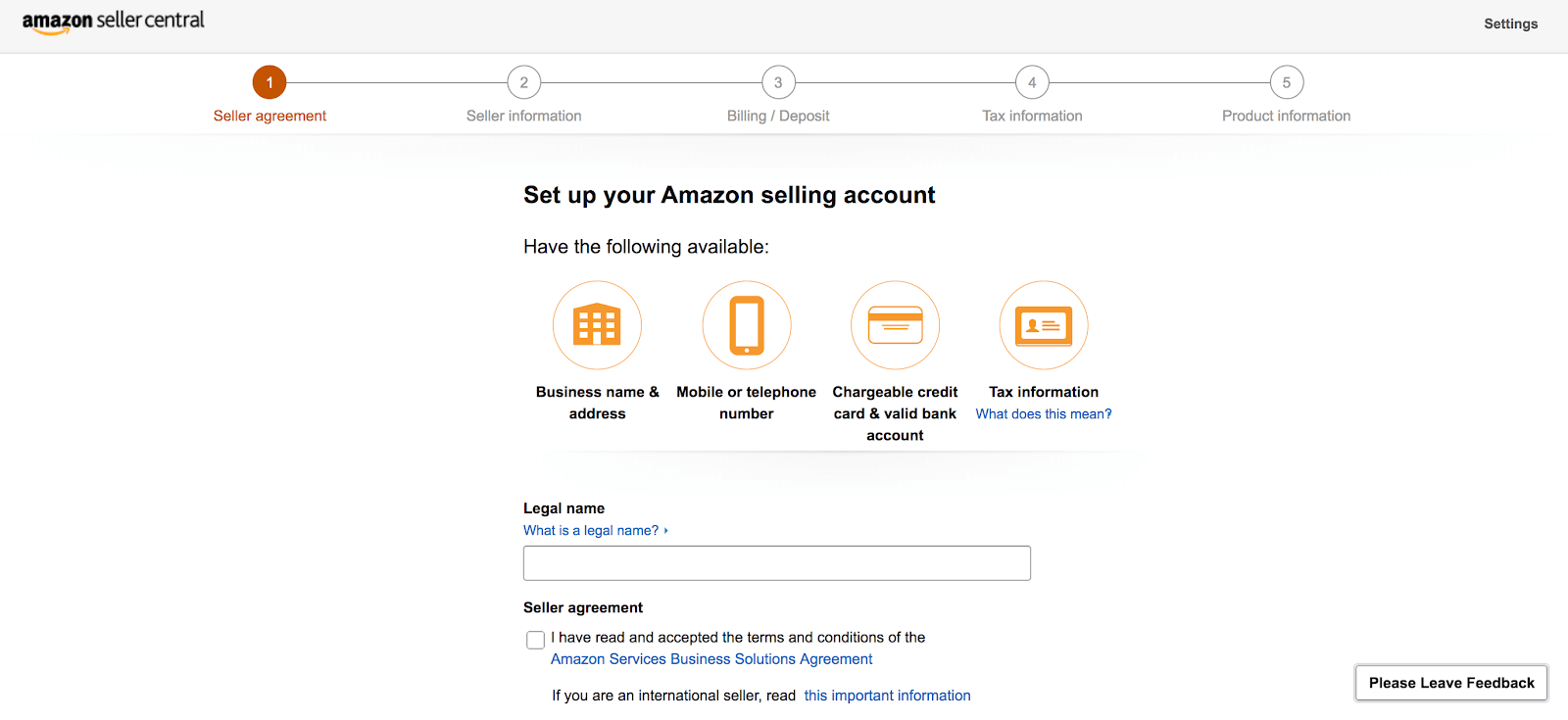 Selling books on Amazon: the webpage to setup your Amazon selling account