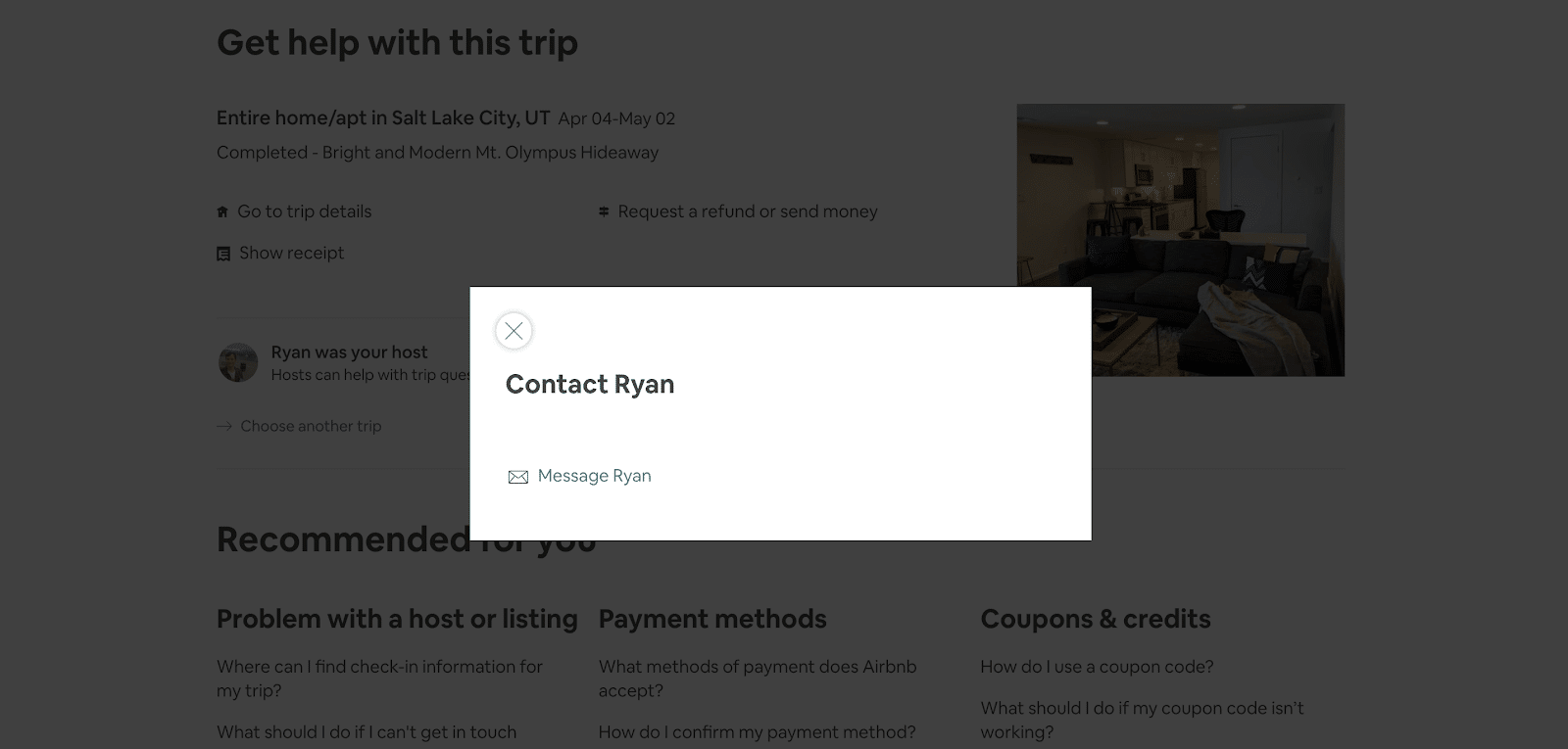 Airbnb phone number: the pop up window to contact your host on Airbnb