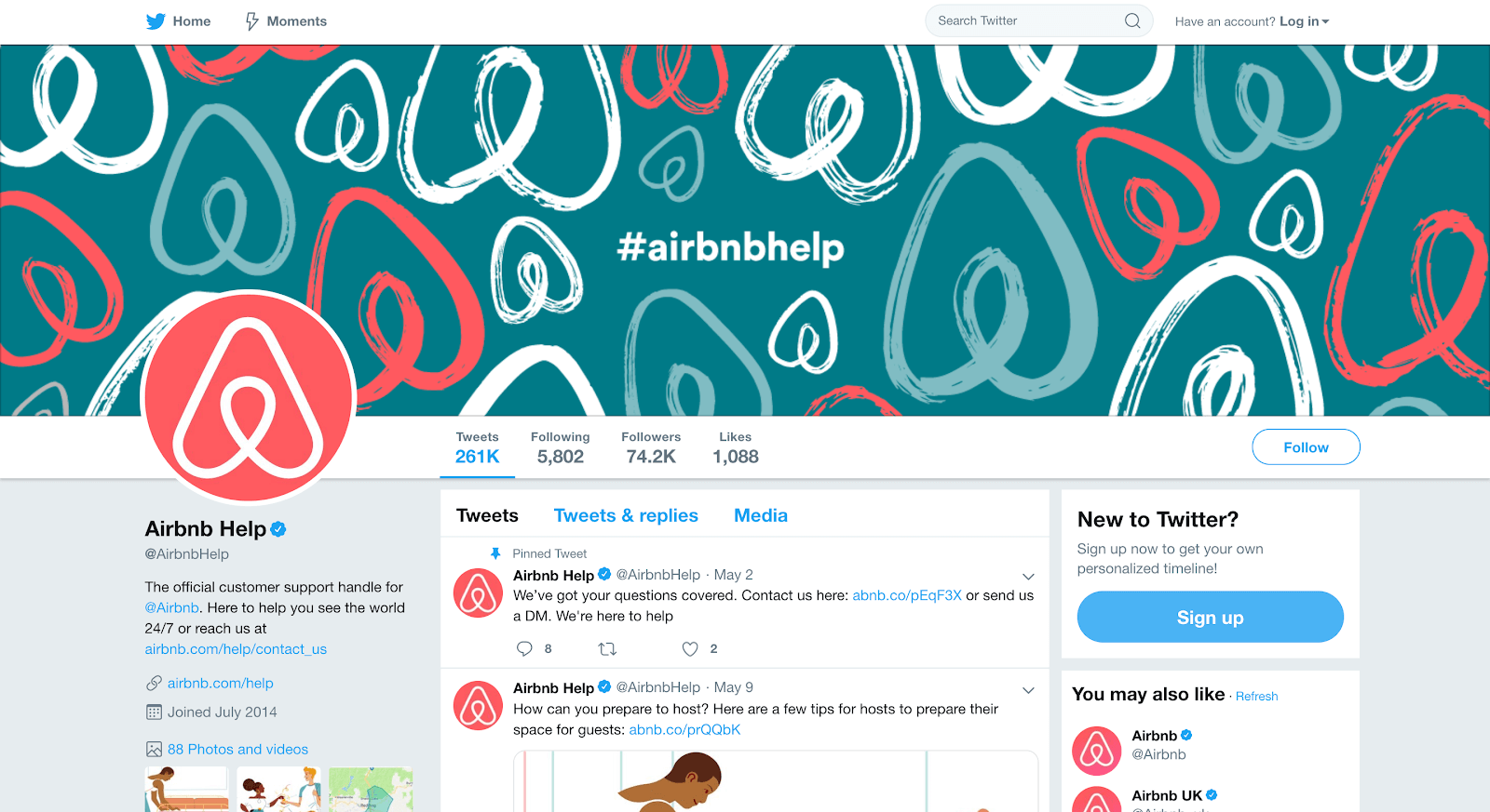 Airbnb phone number: the Airbnb Twitter page