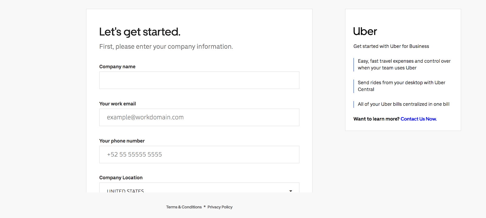 Uber for Business: the business account setup page on the Uber website