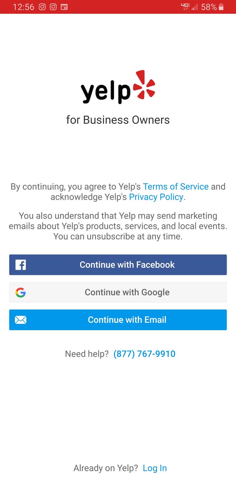 Yelp for business: the app signup page
