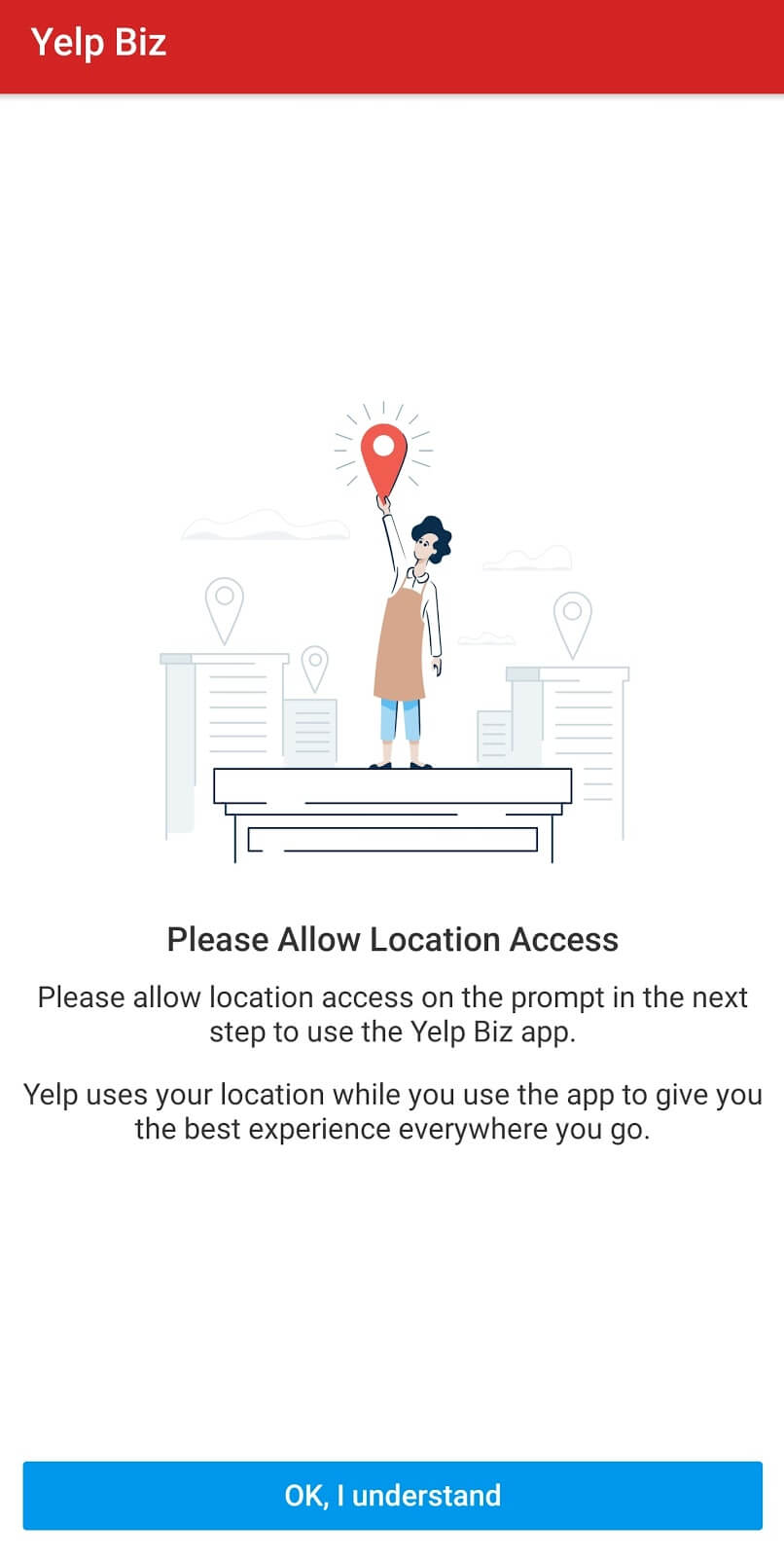 Yelp for business: the app page to allow location access