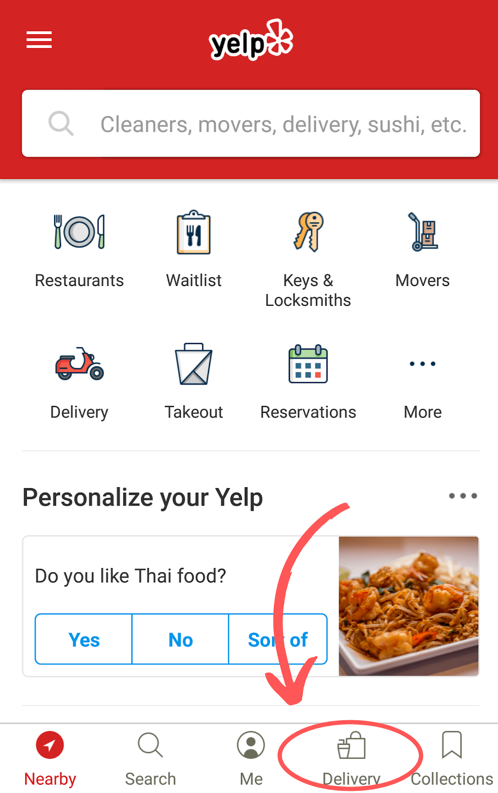 Yelp app with arrow pointing to delivery