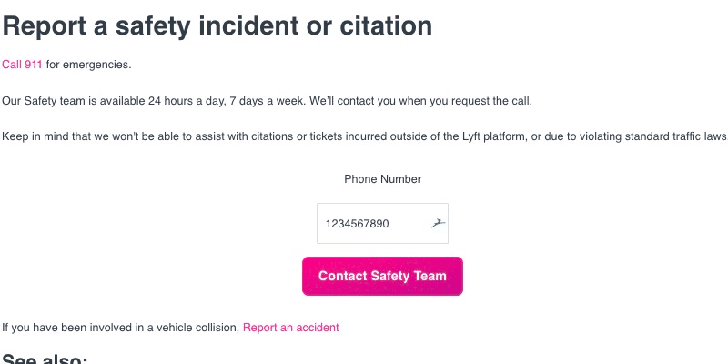 Lyft phone number: the box to enter your phone number on the Lyft Contact Safety Team webpage