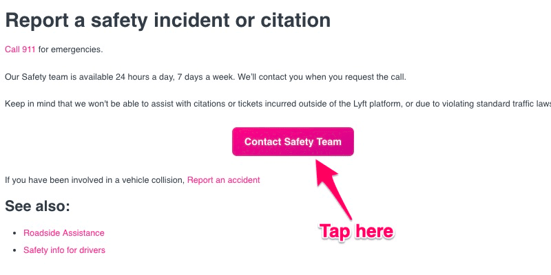 Lyft phone number: The "Contact Safety Team" button on the Lyft website