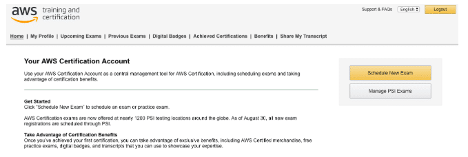 AWS certification: AWS account page to schedule a new exam