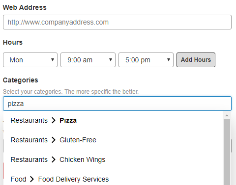 Yelp for business: the app page for entering your business categories