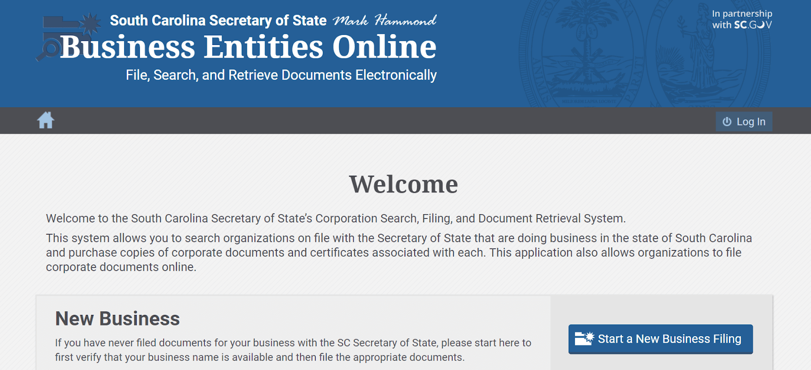 Screenshot of SC Secretary of State's Business Entities Online system