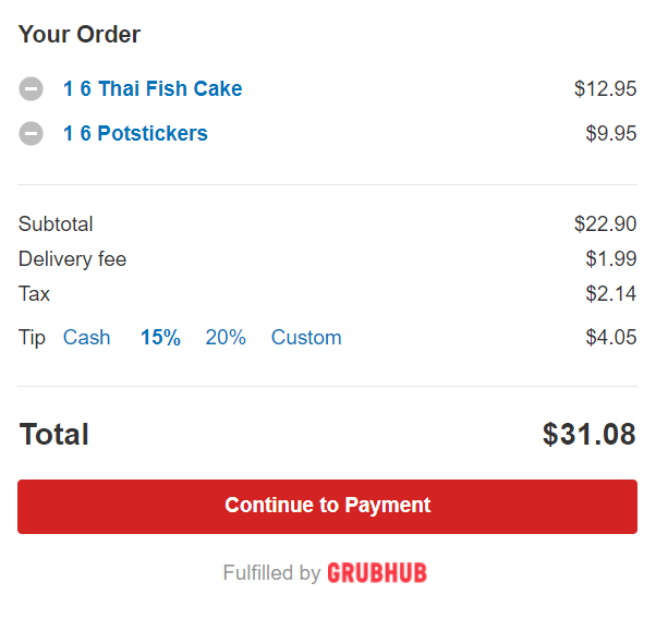 Screenshot of an order total on the Yelp delivery platform