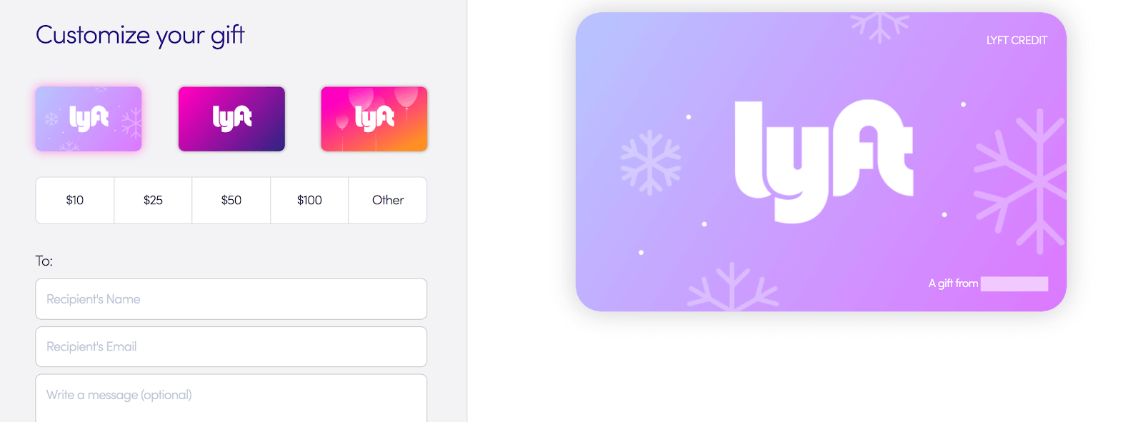 Lyft gift card design options