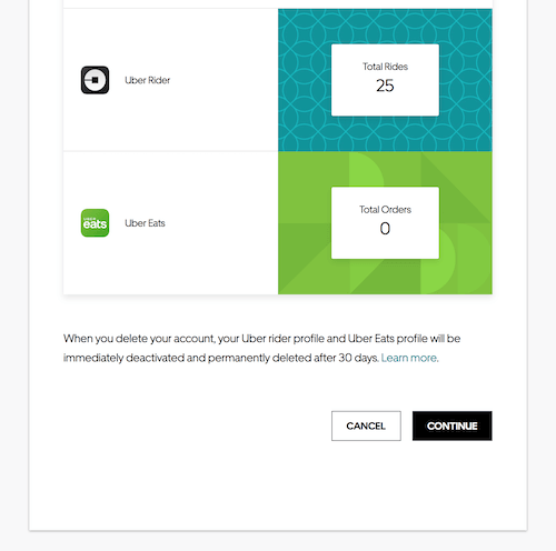Delete Uber account: Your ride stats page where you must click continue to delete