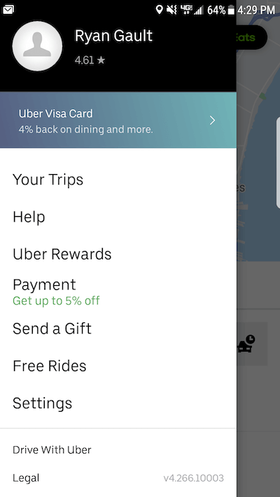 Delete Uber account: the account settings menu in the Uber app