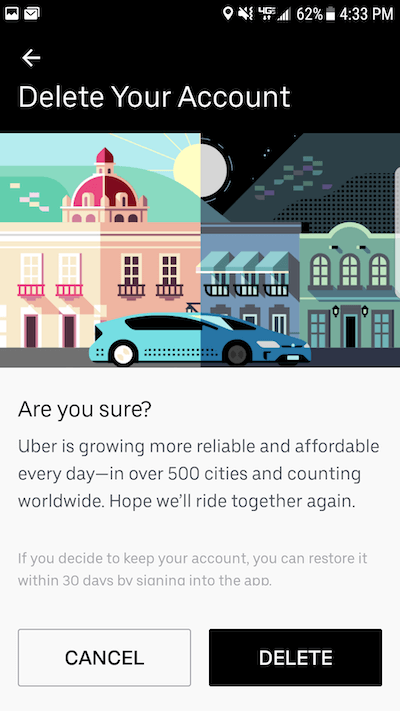Delete Uber account: The final app screen to confirm that you're deleting your account