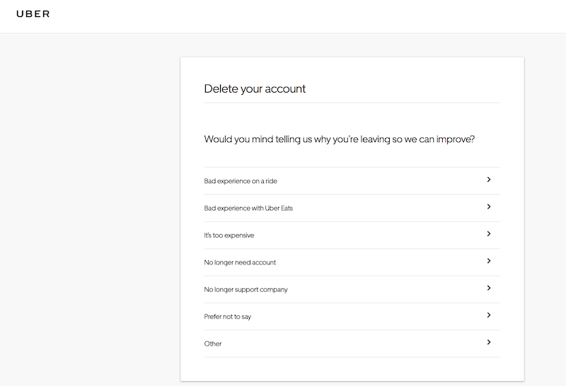 Delete Uber account: the menu of options to select why you're deleting your account