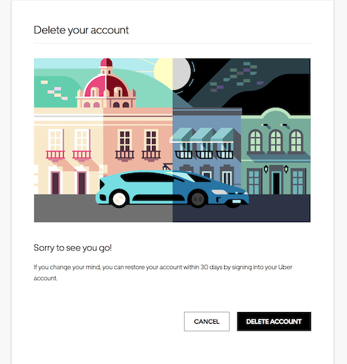 Delete Uber account: the final delete account button for desktop