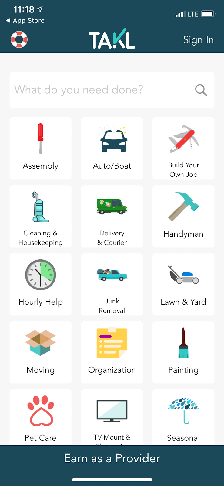 Takl app: the task menu on Takl