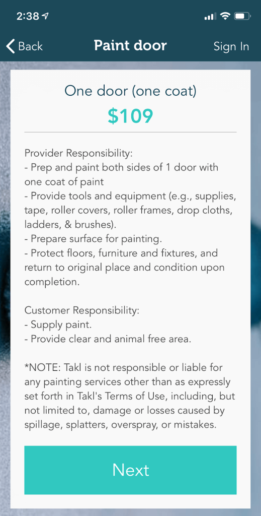 Takl app: a job to paint a door, created in the Takl app