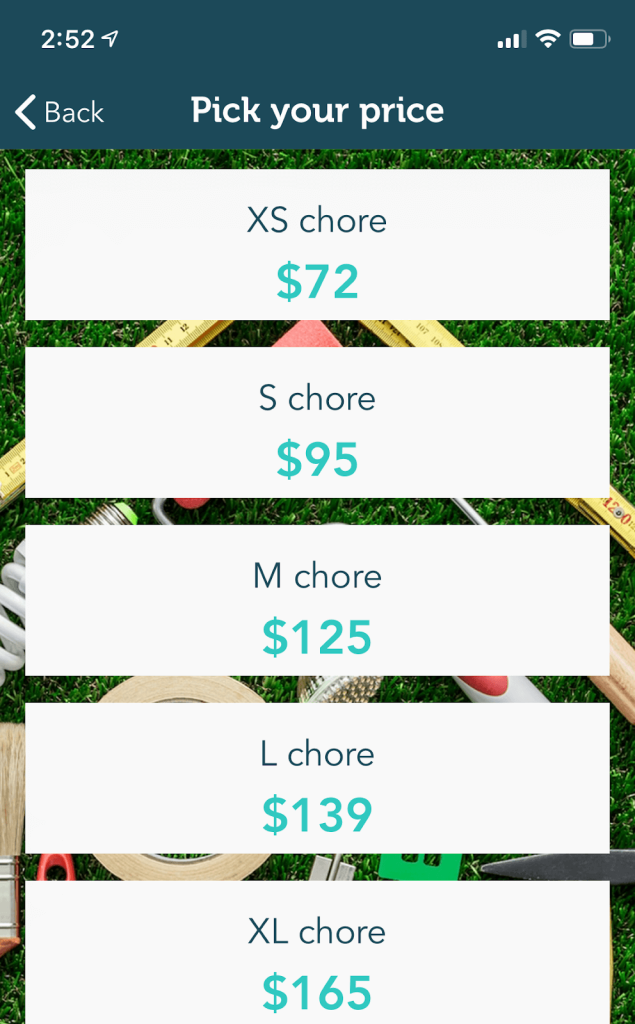 Takl app: the menu to create a job by the size of the task