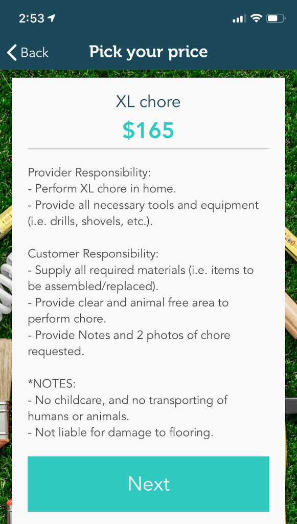 Takl app: the selection screen for an XL chore