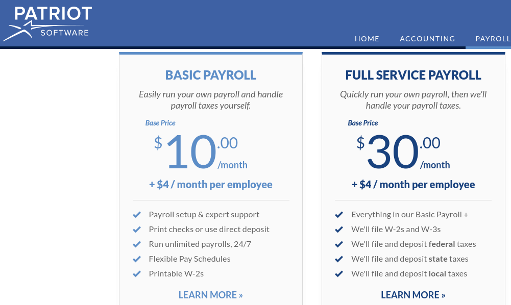 Payroll services: Patriot Software's payroll package pricing