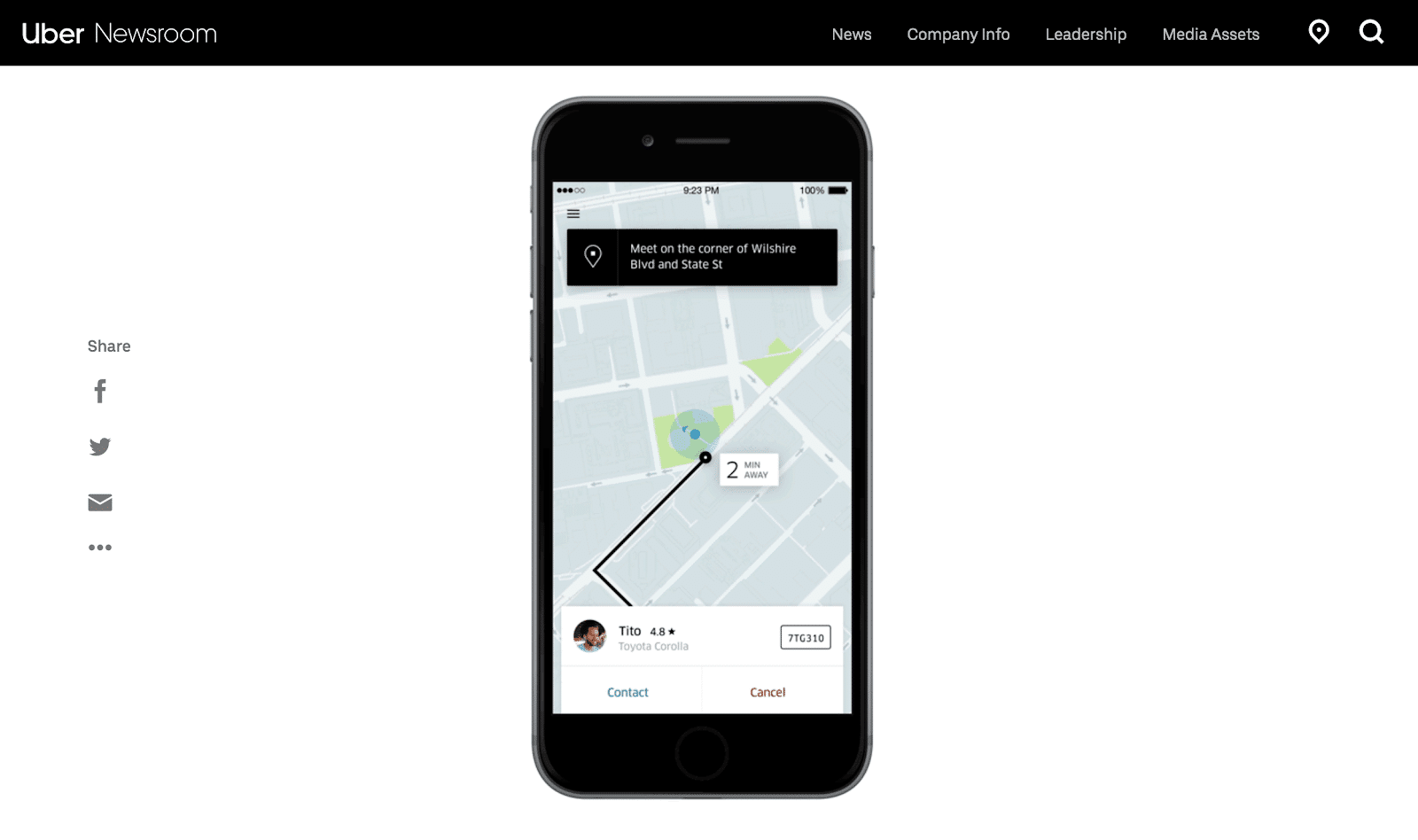 Uber chat: a Uber webpage displaying the app interface