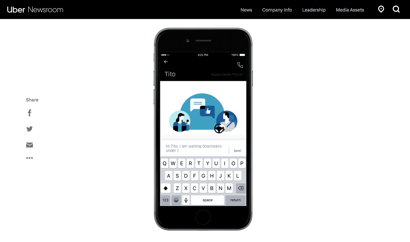 Uber chat: an Uber webpage showing the chat feature on a phone screen