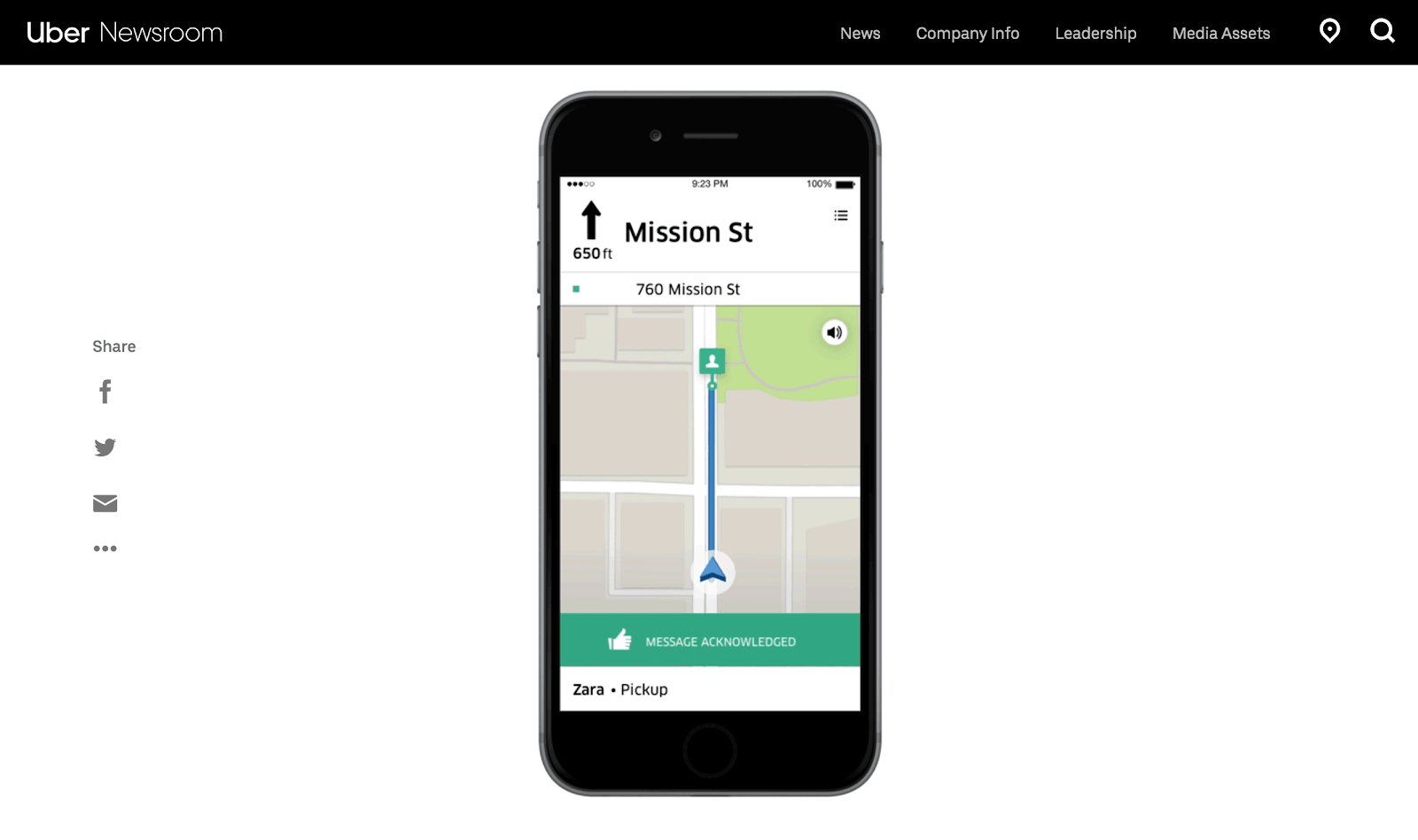 Uber chat: an Uber webpage showing the driver acknowledged a message