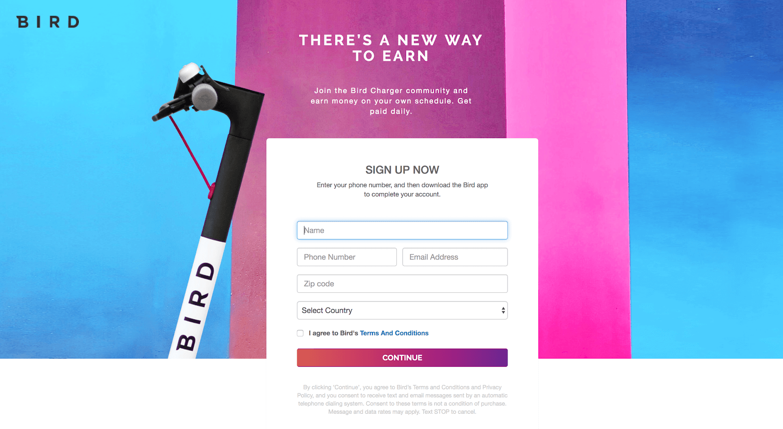 Sign-up page for Bird Charger