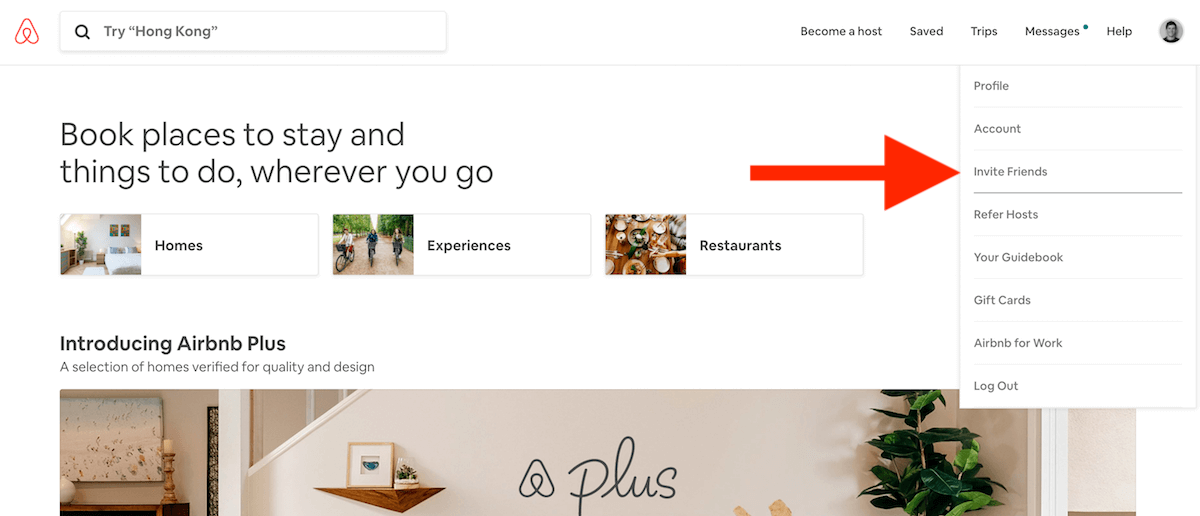 Screenshot that shows how to invite friends on Airbnb